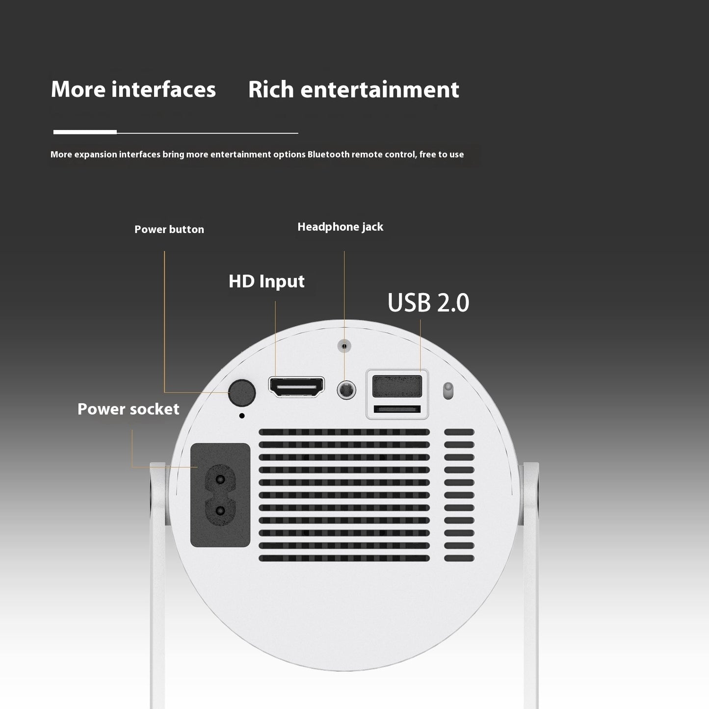 Compact portable projector with 180-degree projection angle, automatic focus, ideal for home video use.