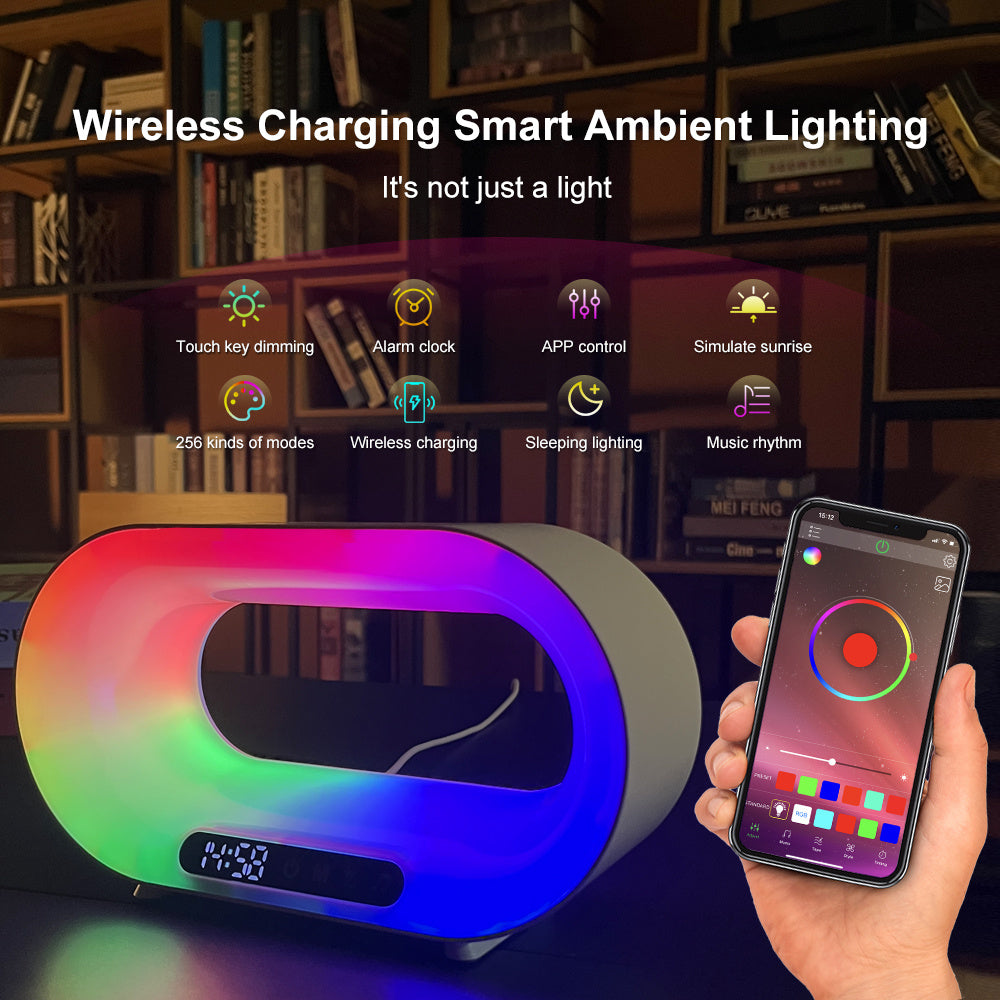 3-in-1 Smart LED Desk Lamp with RGB Lighting, Wireless Charger, Alarm Clock, and App Control