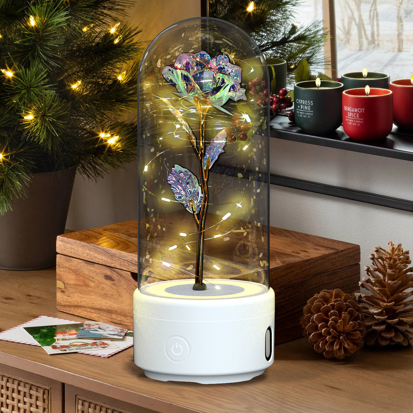 2-in-1 Rose LED Light & Bluetooth Speaker: Valentine's Day Gift with Luminous Glass Cover