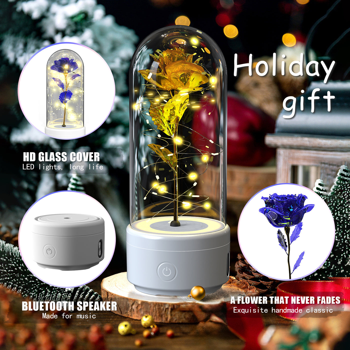 2-in-1 Rose LED Light & Bluetooth Speaker: Valentine's Day Gift with Luminous Glass Cover