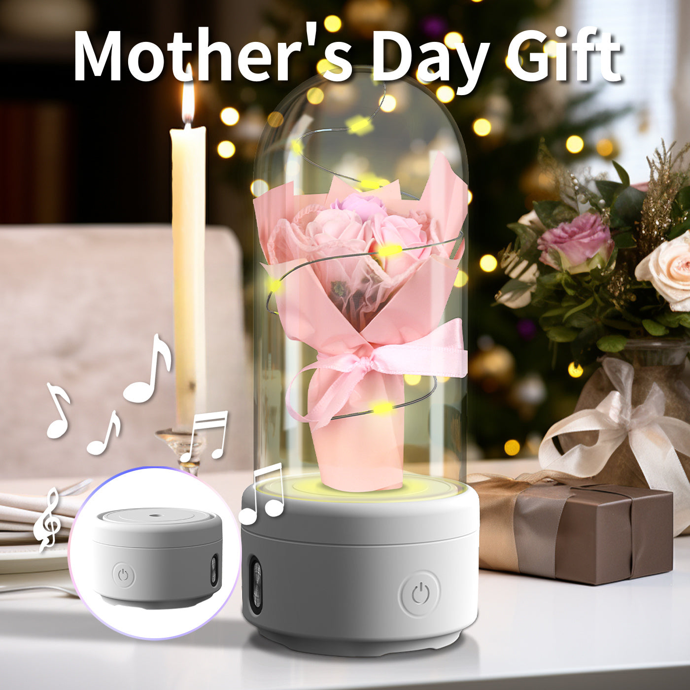 Creative 2-in-1 LED Rose Bouquet with Bluetooth Speaker, Luminous Night Light in Glass Cover, Perfect Mother's Day Gift