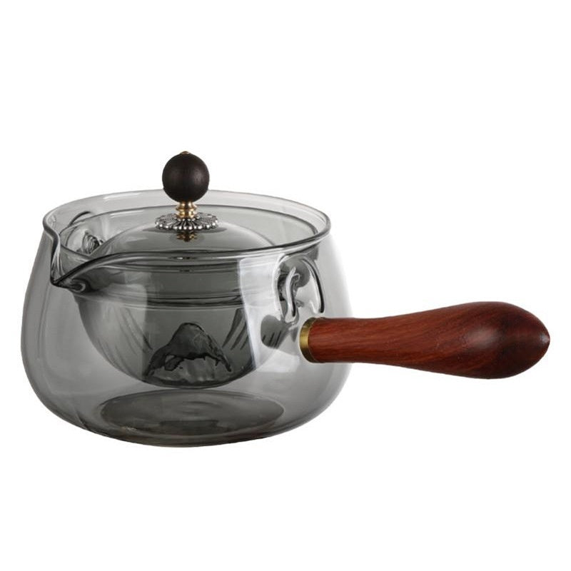 Semi-auto heat-resistant glass teapot with infuser and wood handle, perfect for easy tea at home or work.