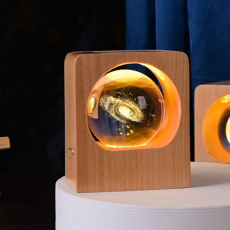 Beech Crystal Ball Night Light with 3D Laser Engraving of Elk and Jellyfish, USB-Powered Dimmable LED Lamp for Bedroom Decor or Gift.