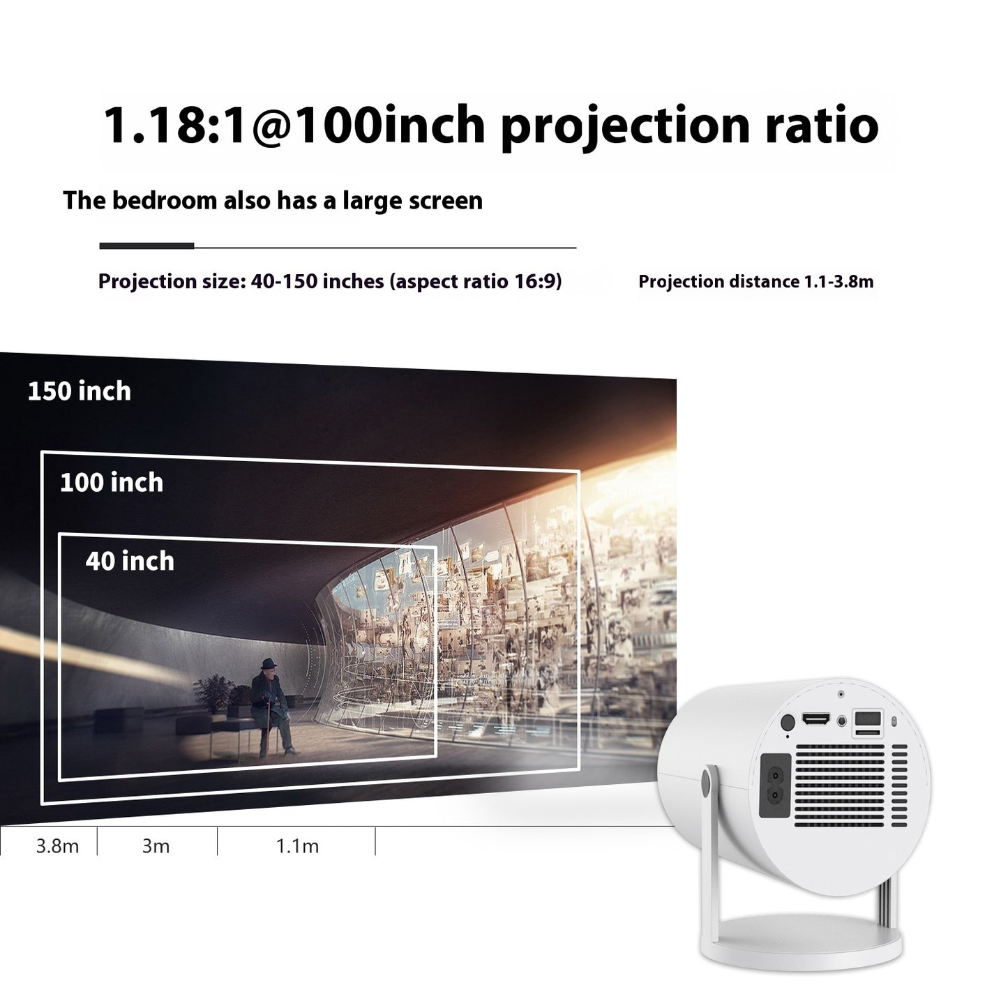 Compact portable projector with 180-degree projection angle, automatic focus, ideal for home video use.